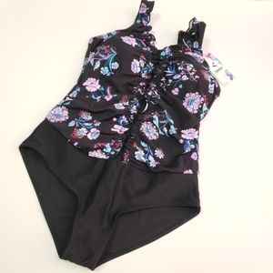Upopby Swimsuit One Piece Floral Print Black Pink Blue Ruffled Women' Size 6 NWT